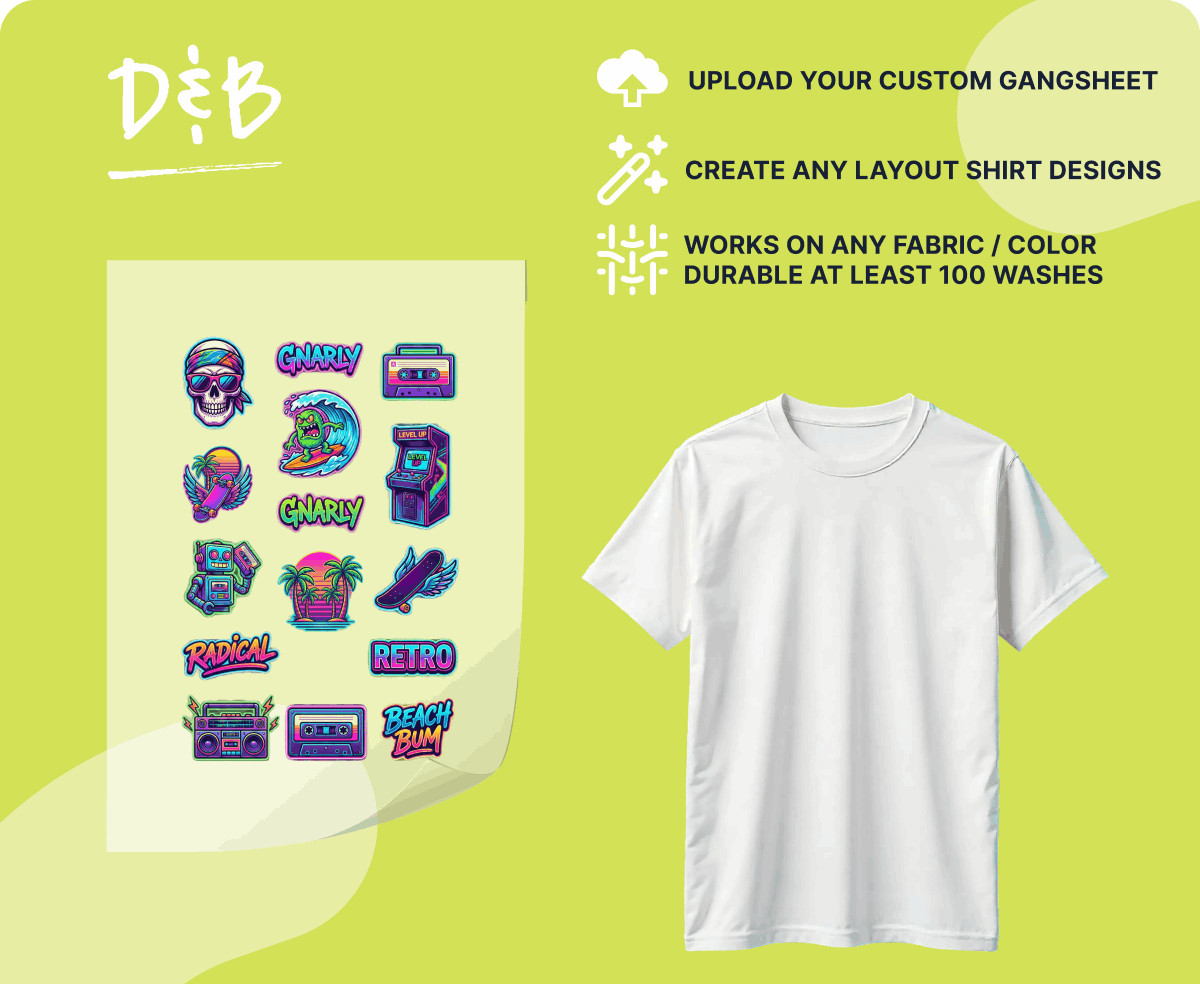 White t-shirt with colorful graphic designs on a green background, featuring text about customizable shirt designs.
