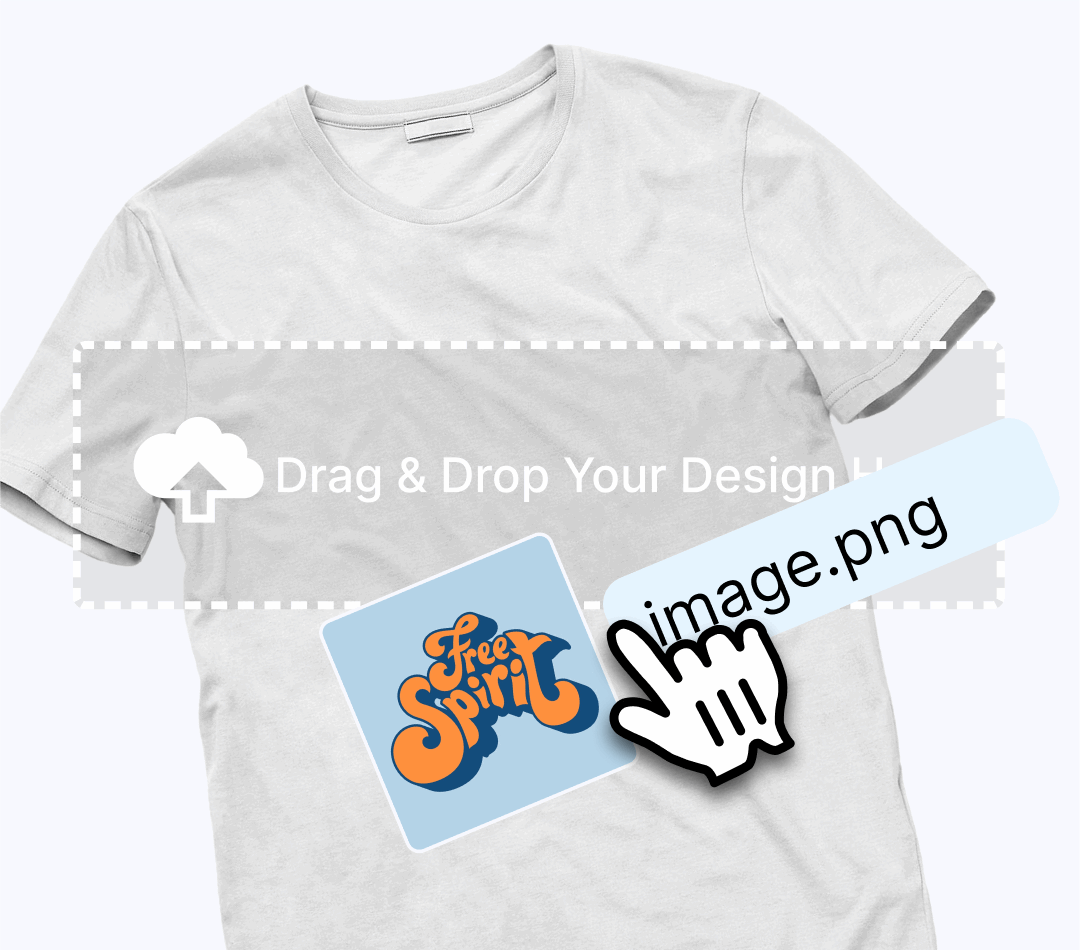 White t-shirt with 'Free Spirit' design and placeholder for custom design
